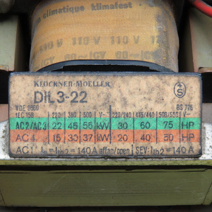 Klockner Moeller DIL 3-22 600V 75Hp MAX Contactor 110V 60Hz Coil