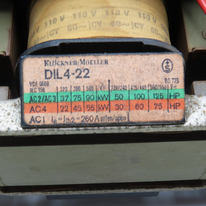 Klockner Moeller DIL 4-22 600V 125Hp MAX Contactor 110V 60Hz Coil