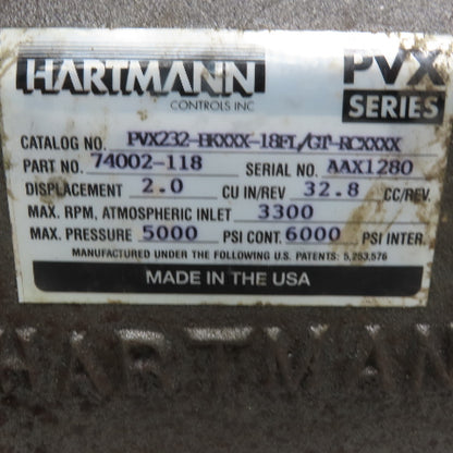 Hartmann 74002-118 PVX232BKXXX-18/FL/GT-RCXXX Hydraulic Pump 2.0 Displacement