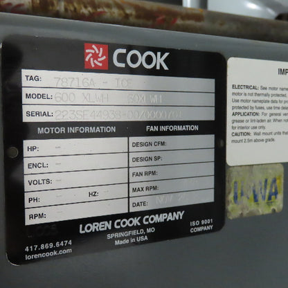 Cook 600 XLWH 60" OD 6-Blade Belt Drive Exhaust Ventilation Fan 7.5HP 230/460V
