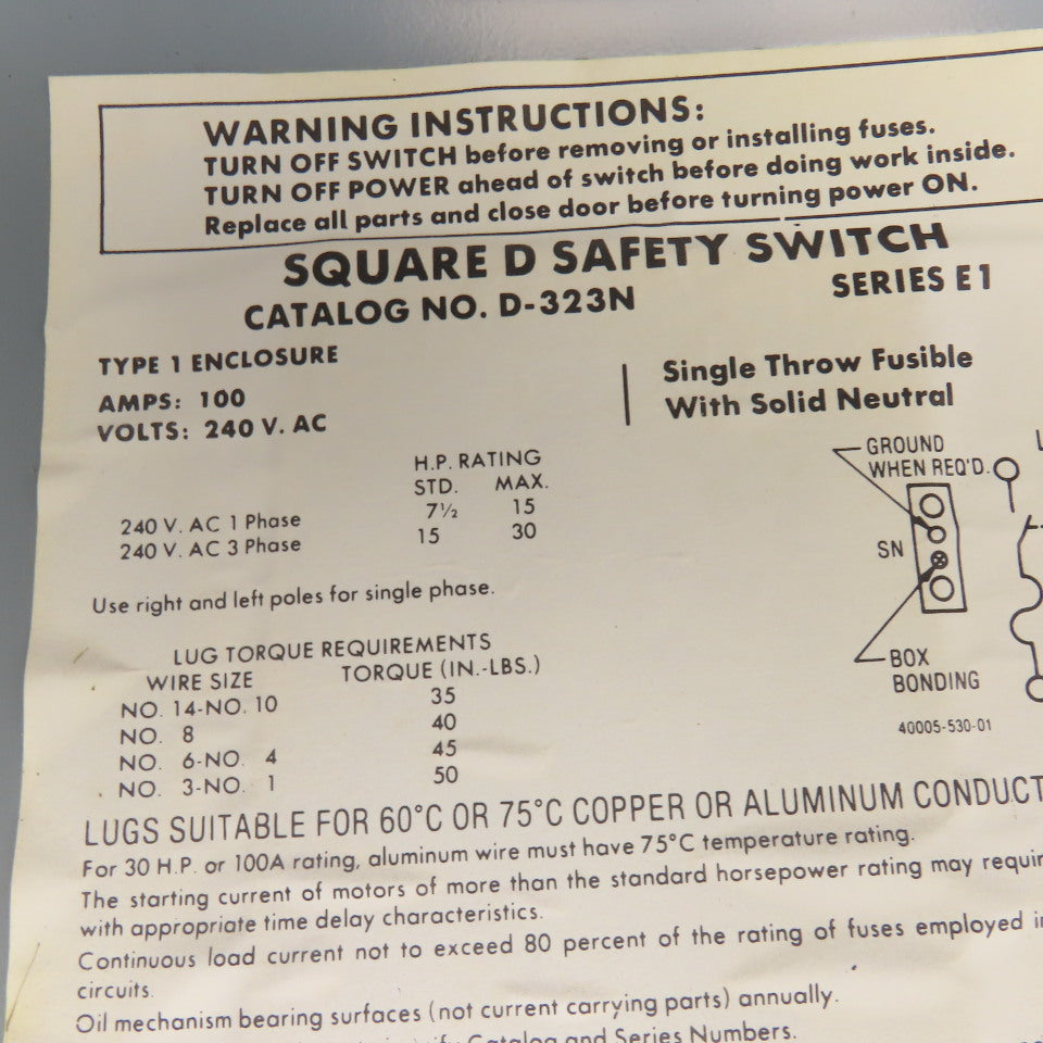 Square D D-323N Type 1 Safety Disconnect Enclosure ONLY 100A 240V