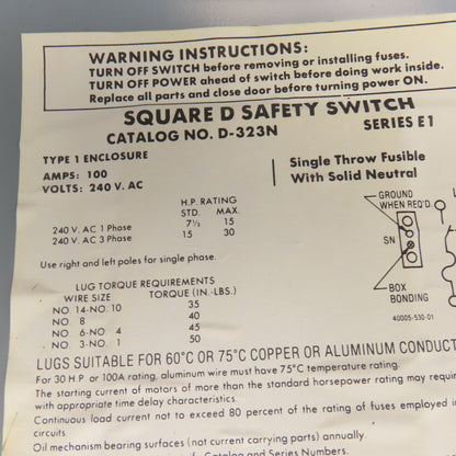 Square D D-323N Type 1 Safety Disconnect Enclosure ONLY 100A 240V