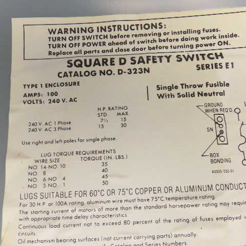 Square D D-323N Type 1 Safety Disconnect Enclosure ONLY 100A 240V