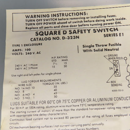 Square D D-323N Type 1 Safety Disconnect Enclosure ONLY 100A 240V