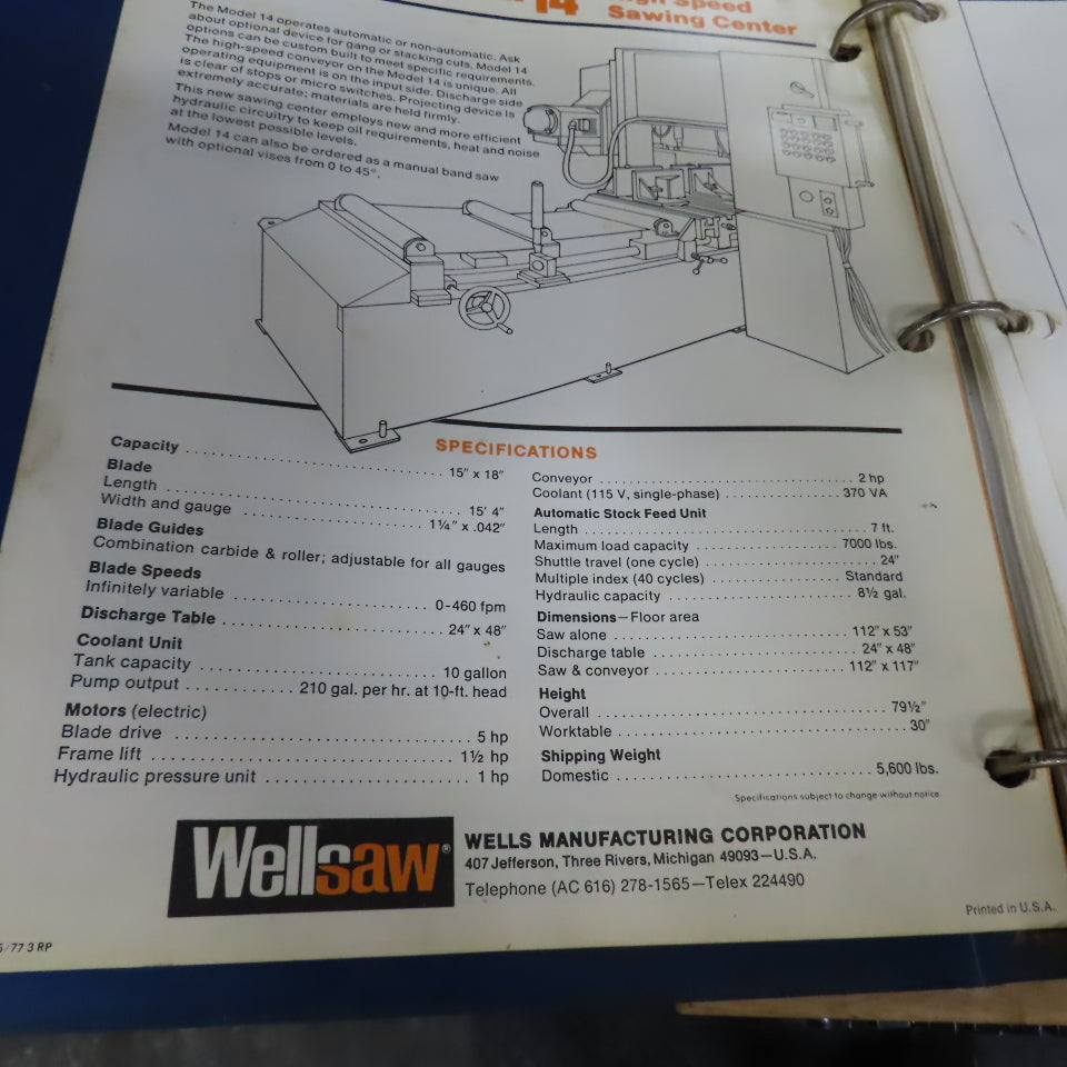 Wellsaw 14 15" x 18" Automatic Power Feed Horizontal Metal Bandsaw 480V 3PH