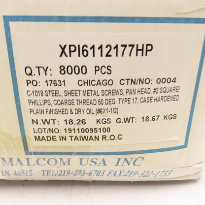 George Malcom #6 x 1-1/2" Sheet Metal Pan Head Case Hardened Screw 40 Lbs.