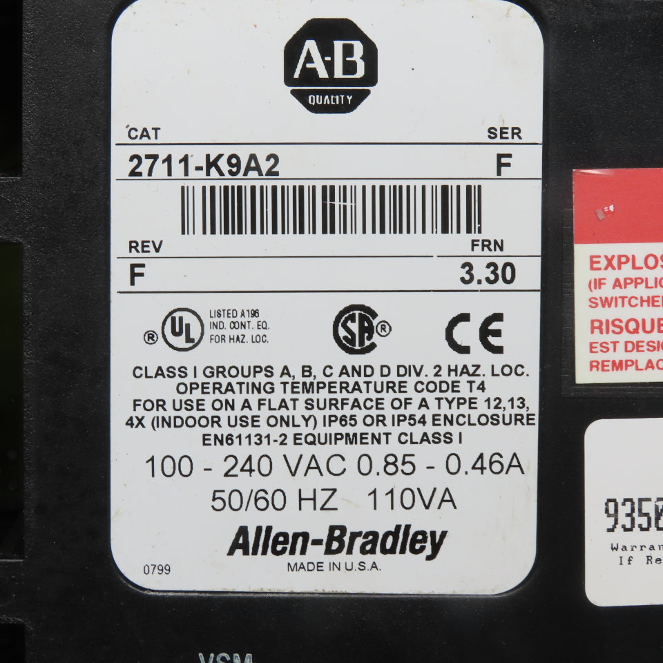 Allen Bradley 2711-K9A2 Ser F Panelview 900 FRN 3.30 Touch Screen Operator HMI