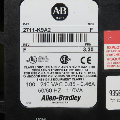 Allen Bradley 2711-K9A2 Ser F Panelview 900 FRN 3.30 Touch Screen Operator HMI