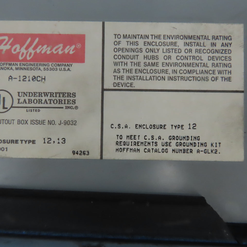 Hoffmann A-1210CH 14" x 12" x 5" NEMA 12,13 Electrical Enclosure W/ Back Plate