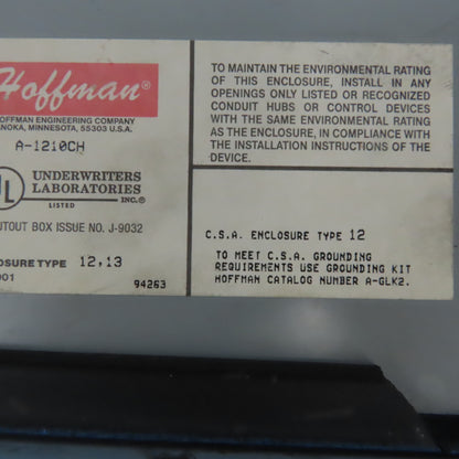 Hoffmann A-1210CH 14" x 12" x 5" NEMA 12,13 Electrical Enclosure W/ Back Plate