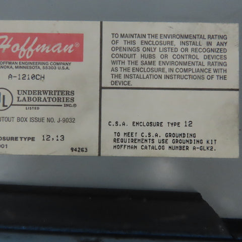 Hoffmann A-1210CH 14" x 12" x 5" NEMA 12,13 Electrical Enclosure W/ Back Plate