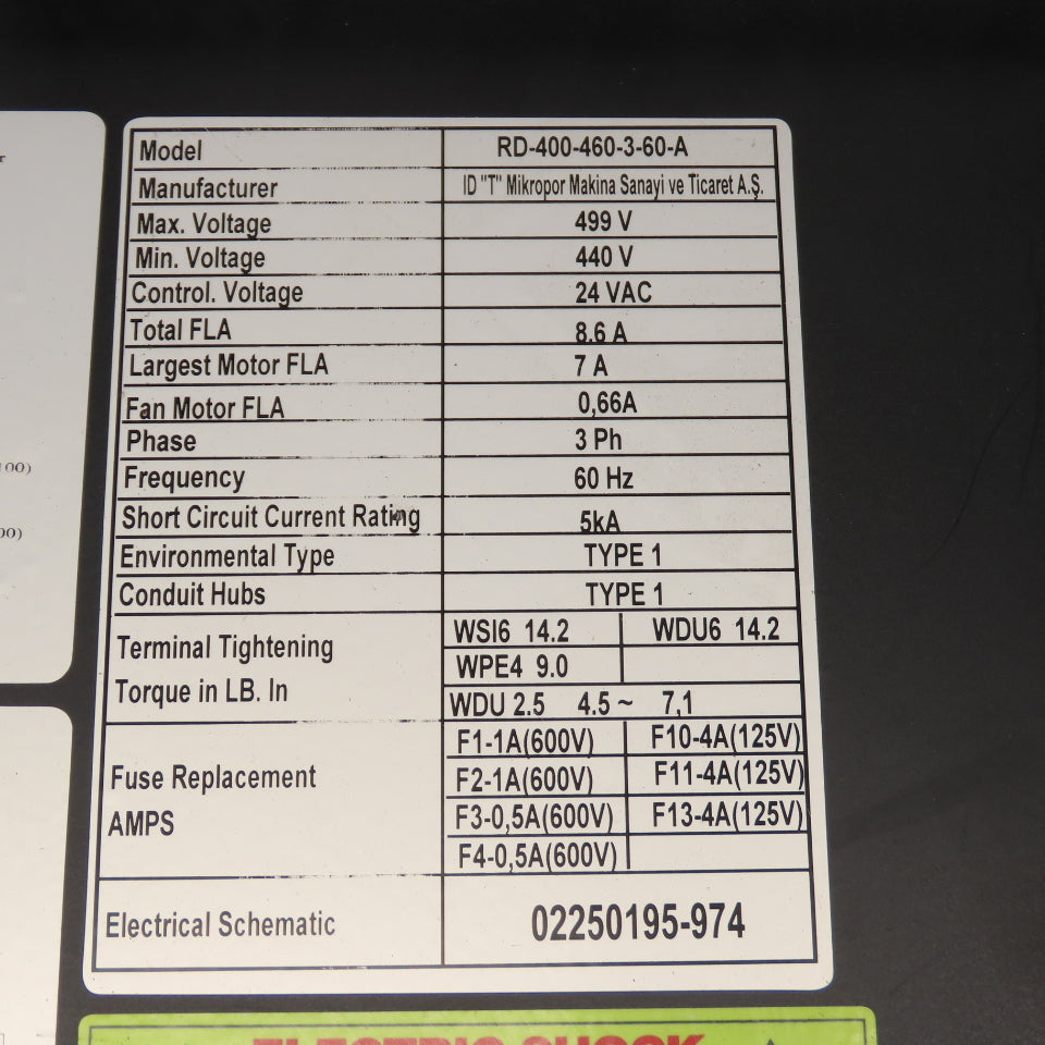 Sullair RD-400-460-3-60-A Refrigerated Compressed Air Dryer Control Panel