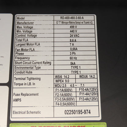 Sullair RD-400-460-3-60-A Refrigerated Compressed Air Dryer Control Panel
