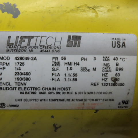 Budgit BEH2516 1/4 Ton 500Lb. 230/460V 3Ph Electric Chain Hoist 10' Lift 16FPM
