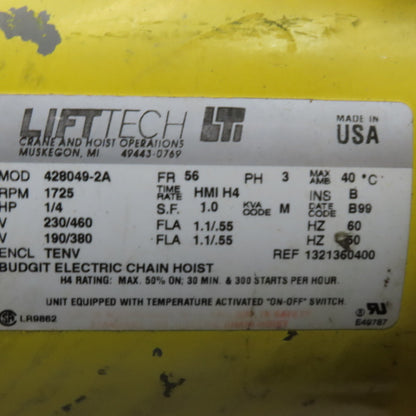 Budgit BEH2516 1/4 Ton 500Lb. 230/460V 3Ph Electric Chain Hoist 10' Lift 16FPM