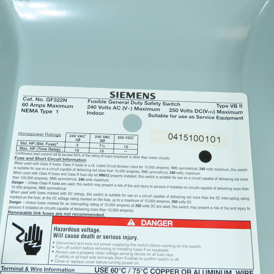 Siemens GF322N 60A General Duty Fusible Safety Disconnect Switch 2240VAC/DC