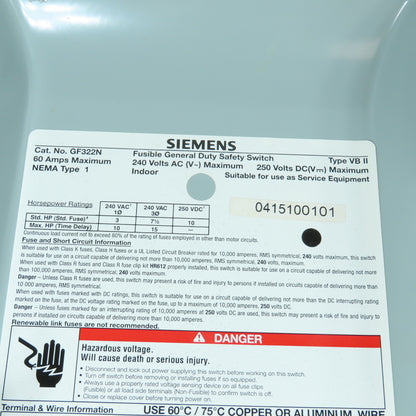 Siemens GF322N 60A General Duty Fusible Safety Disconnect Switch 2240VAC/DC