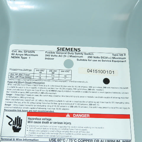 Siemens GF322N 60A General Duty Fusible Safety Disconnect Switch 2240VAC/DC