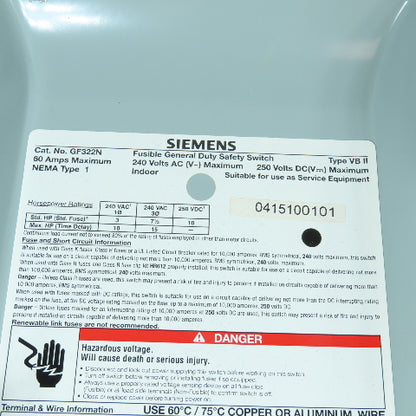 Siemens GF322N 60A General Duty Fusible Safety Disconnect Switch 2240VAC/DC
