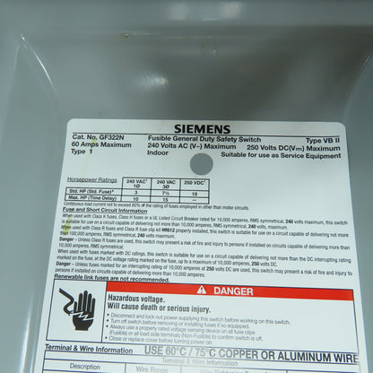 Siemens GF322N 60A General Duty Fusible Safety Disconnect Switch 2240VAC/DC