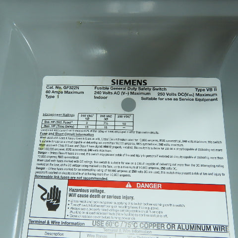 Siemens GF322N 60A General Duty Fusible Safety Disconnect Switch 2240VAC/DC