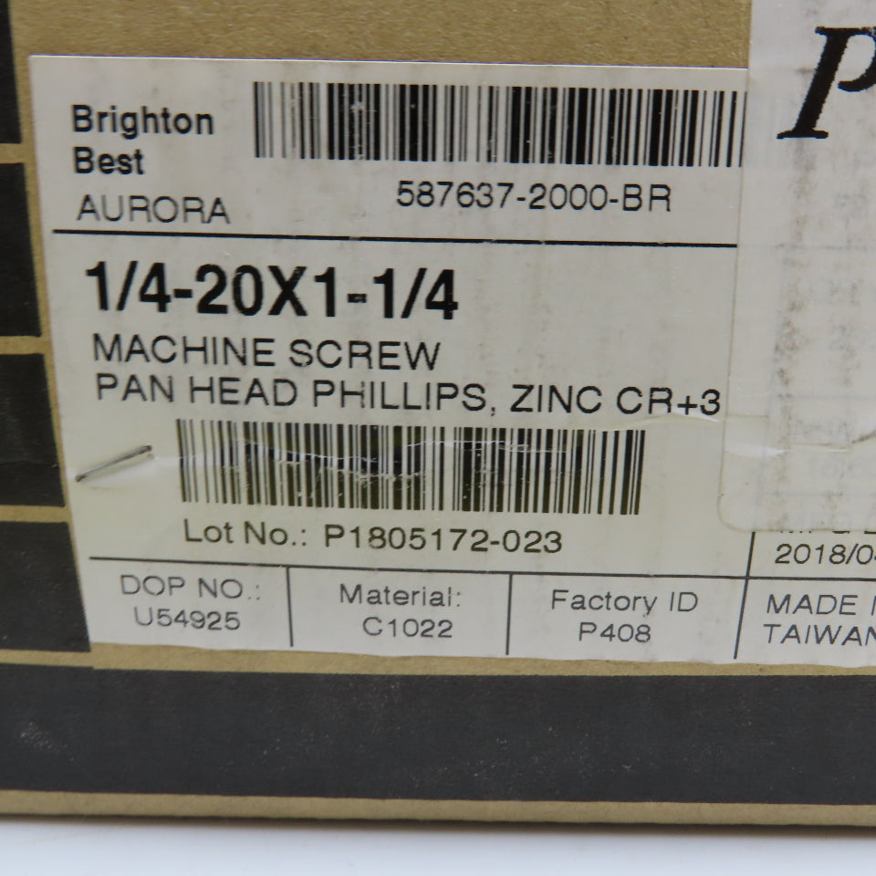 Brighton Best 1/4"-20 x 1-1/4" Zinc Pan Head Phillips Machine Screw 32Lbs