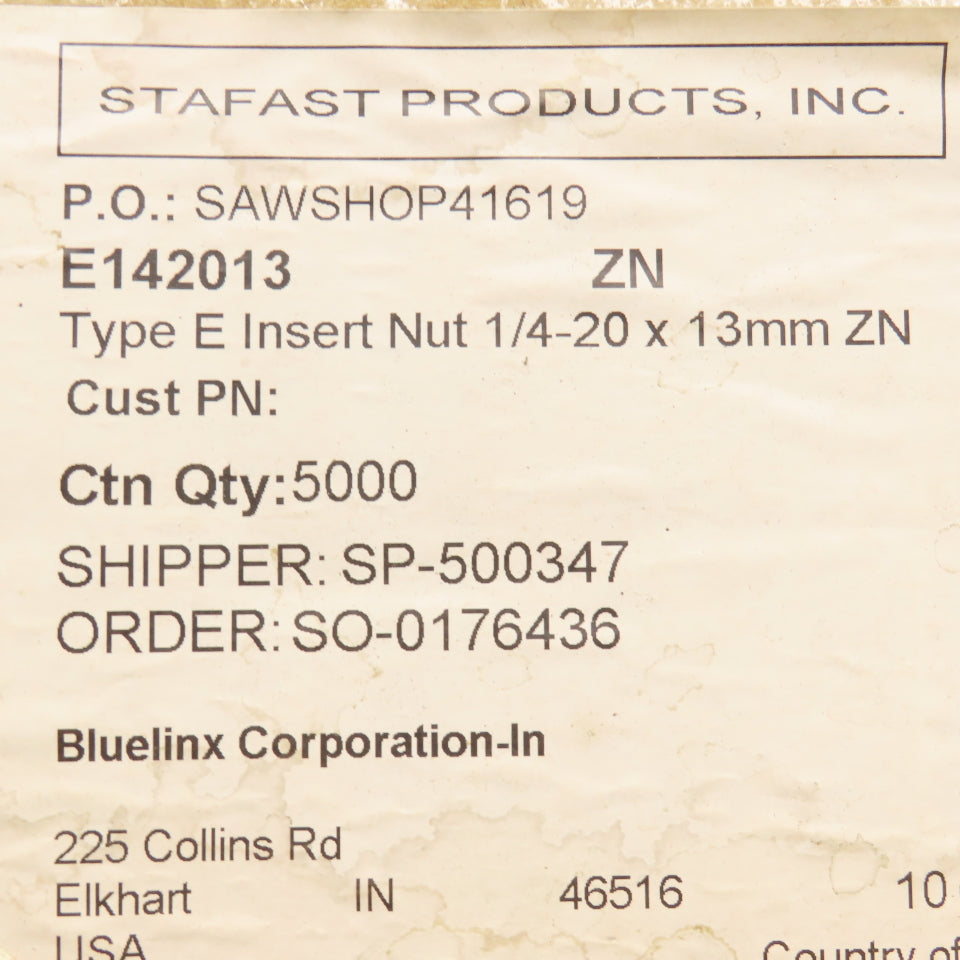 Stafast E 14 20 13-ZN 1/4"-20 x 1/2" Hex Drive Threaded Insert Zinc 27 Lbs.