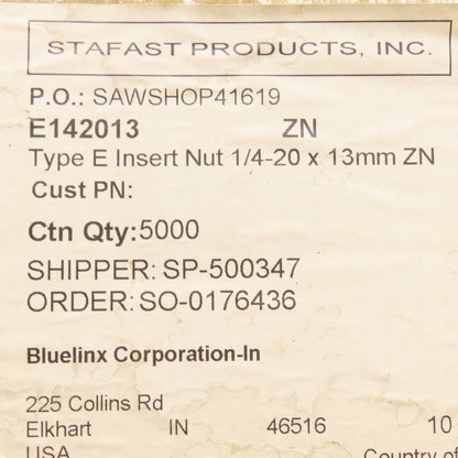 Stafast E 14 20 13-ZN 1/4"-20 x 1/2" Hex Drive Threaded Insert Zinc 27 Lbs.