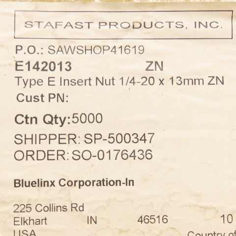 Stafast E 14 20 13-ZN 1/4"-20 x 1/2" Hex Drive Threaded Insert Zinc 27 Lbs.