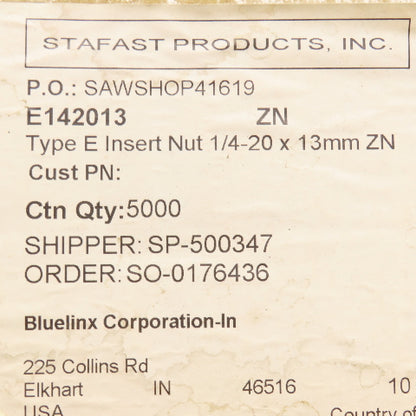Stafast E 14 20 13-ZN 1/4"-20 x 1/2" Hex Drive Threaded Insert Zinc 27 Lbs.