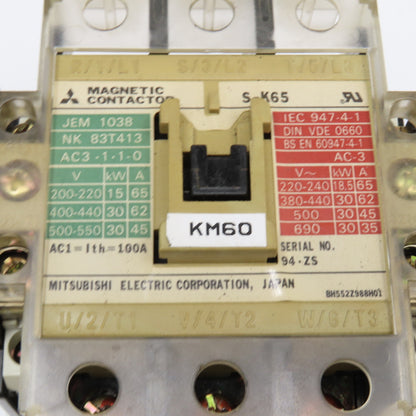 Mitsubishi S-K65 600V 30kW Magnetic Contactor 200-240V Coil