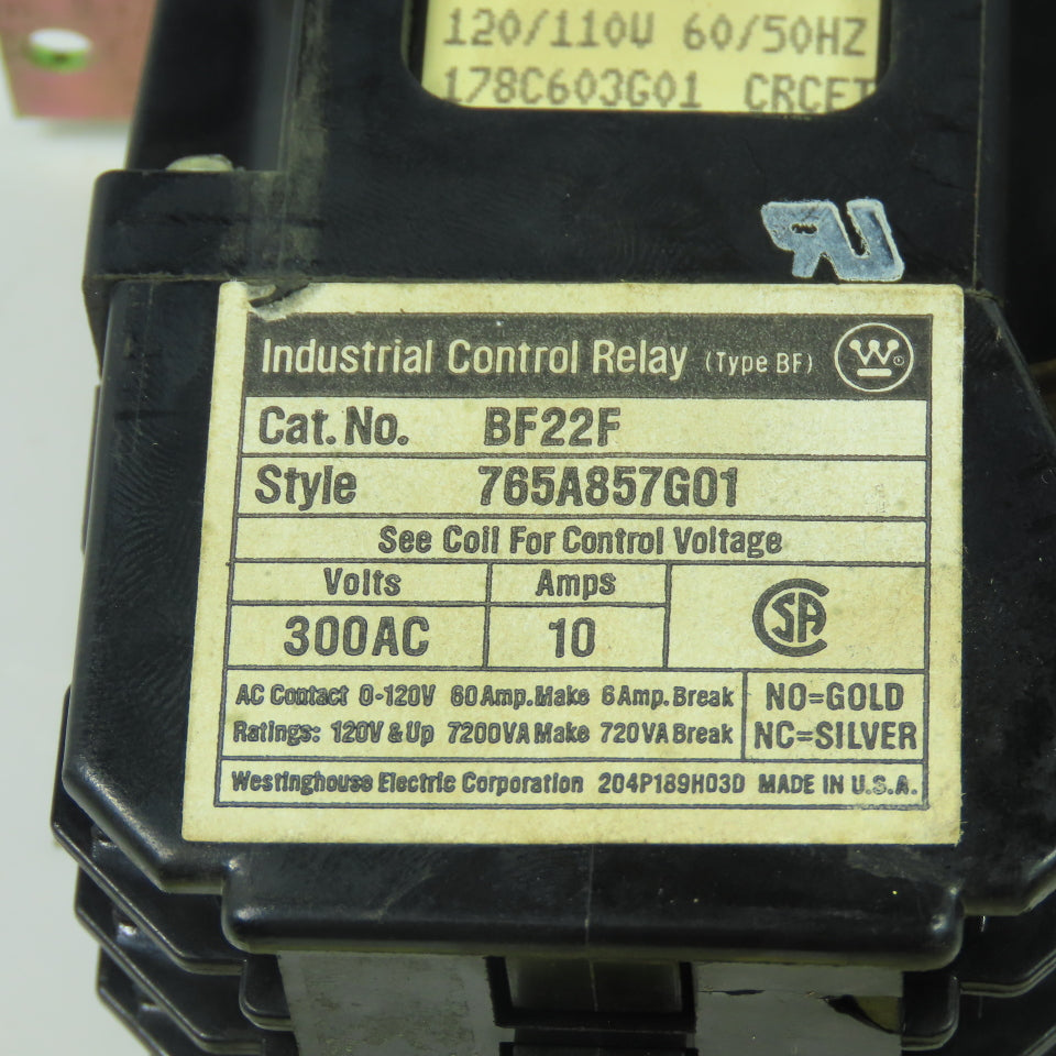 Westinghouse 765A857G01 300VAC 10A Control Relay 120V Coil 50/60Hz Lot Of 2