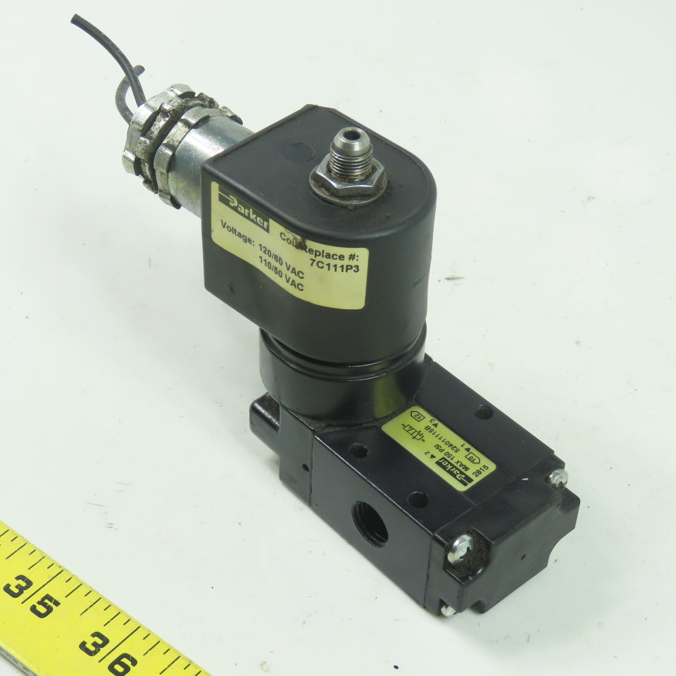 Parker 524011115B Pneumatic 3-Way 2-Pos. Solenoid Valve 150Psi 120VAC 1/4" NPT