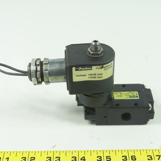 Parker 524011115B Pneumatic 3-Way 2-Pos. Solenoid Valve 150Psi 120VAC 1/4" NPT