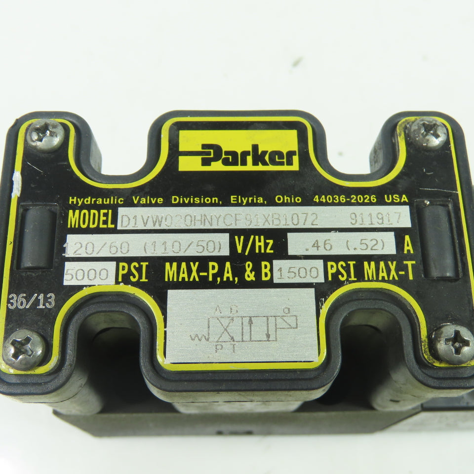 Parker D1VW020HNYCF91XB1072 120V Hydraulic Valve 5000PSI 50/60Hz 0.46A