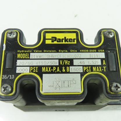 Parker D1VW020HNYCF91XB1072 120V Hydraulic Valve 5000PSI 50/60Hz 0.46A