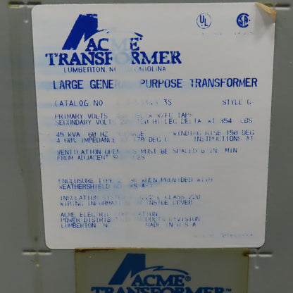Acme T-3-53343-3S 45kVA General Purpose Transformer 3PH HV 480V LV 240/120
