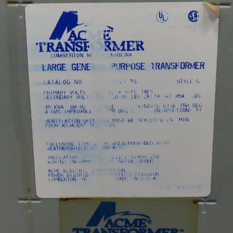 Acme T-3-53343-3S 45kVA General Purpose Transformer 3PH HV 480V LV 240/120