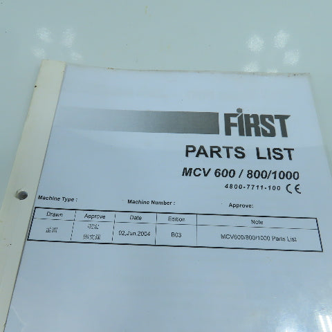 First MCV 600 / 800 / 1000 Vertical Machining Center Parts List