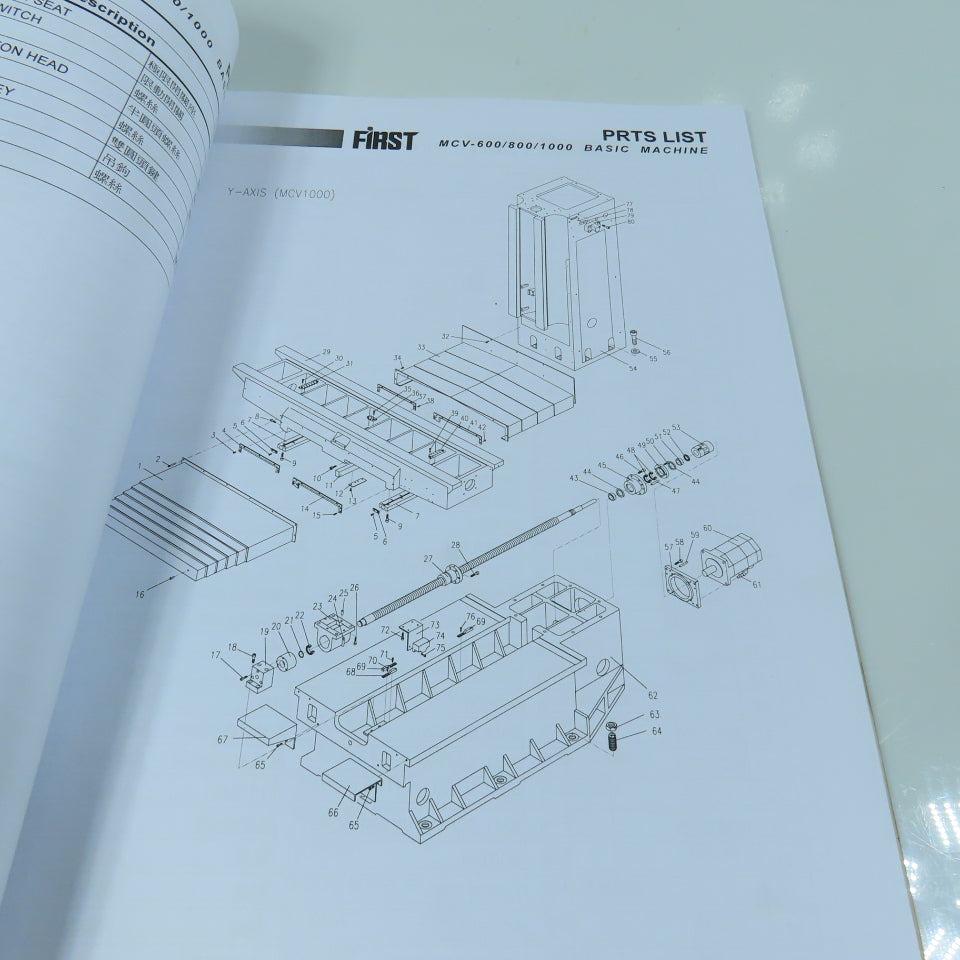 First MCV 600 / 800 / 1000 Vertical Machining Center Parts List
