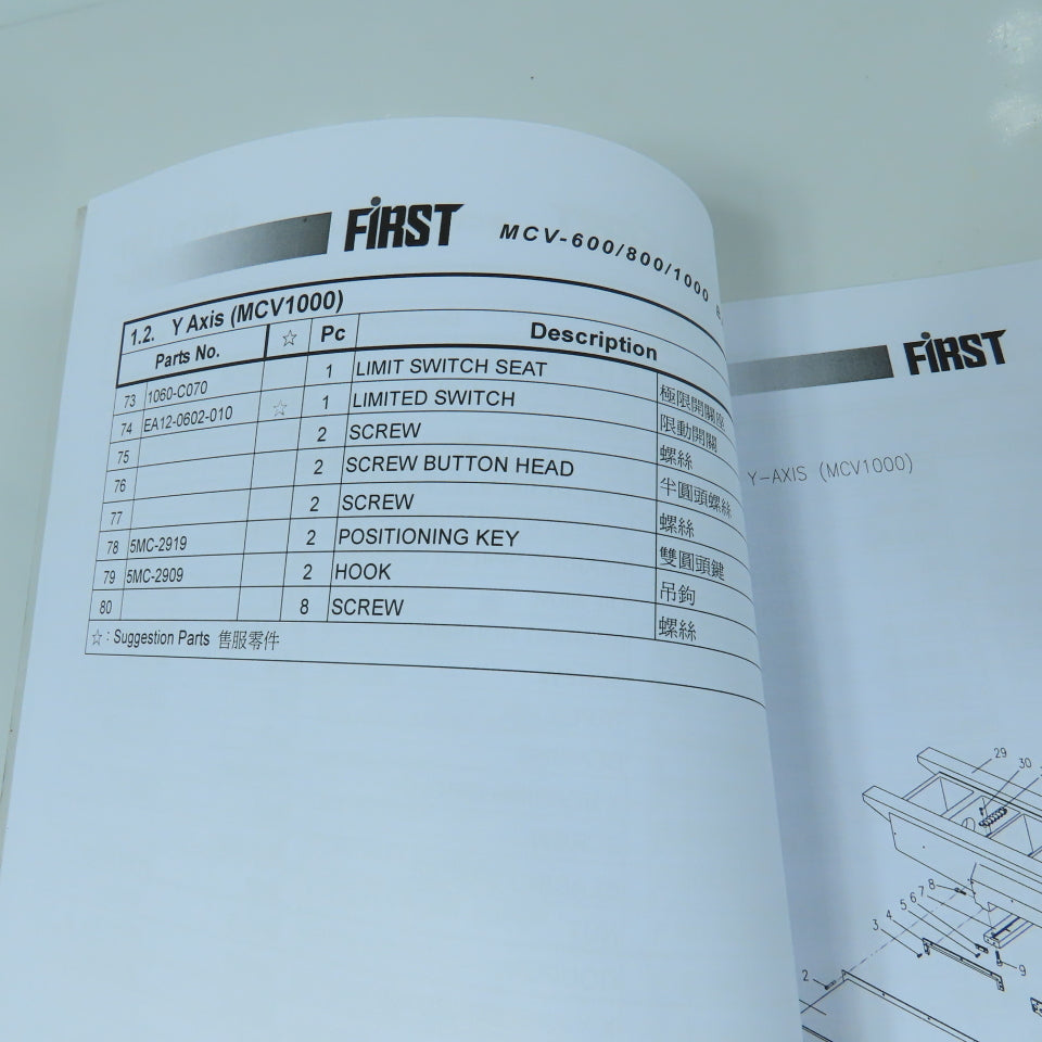 First MCV 600 / 800 / 1000 Vertical Machining Center Parts List