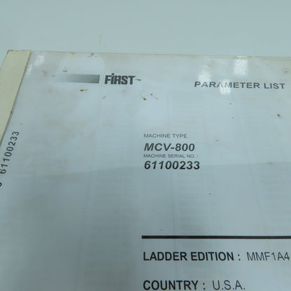 First 800 Vertical Machining Center Parameter List