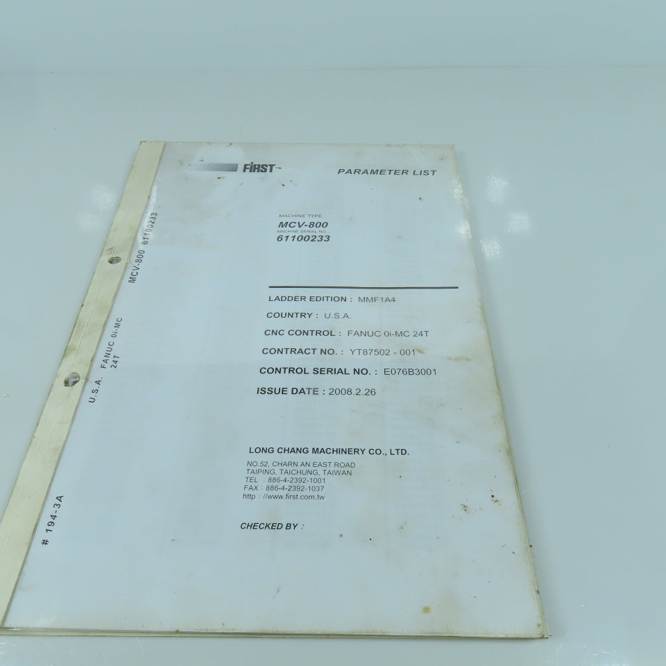 First 800 Vertical Machining Center Parameter List