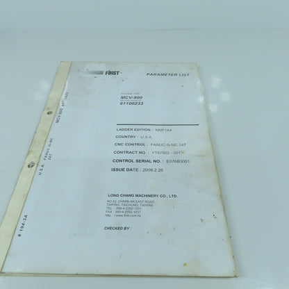 First 800 Vertical Machining Center Parameter List