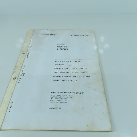First 800 Vertical Machining Center Parameter List