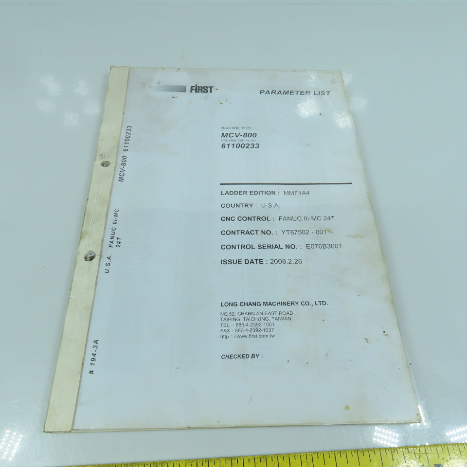 First 800 Vertical Machining Center Parameter List