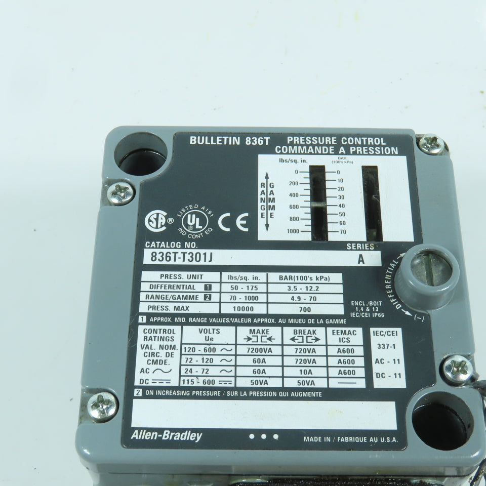 Allen Bradley 836T-T301J Ser A Pressure Control Switch Range 70-1000 PSI 600V