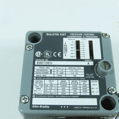 Allen Bradley 836T-T301J Ser A Pressure Control Switch Range 70-1000 PSI 600V