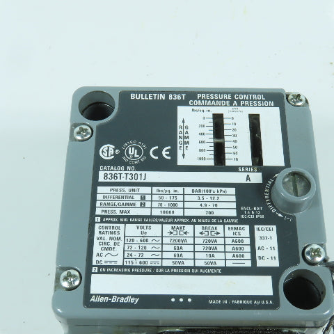 Allen Bradley 836T-T301J Ser A Pressure Control Switch Range 70-1000 PSI 600V