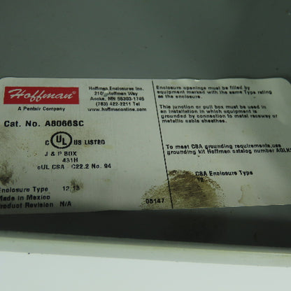 Hoffman A8066SC 8"x6"x8" Electrical Enclosure Box W/Backplate